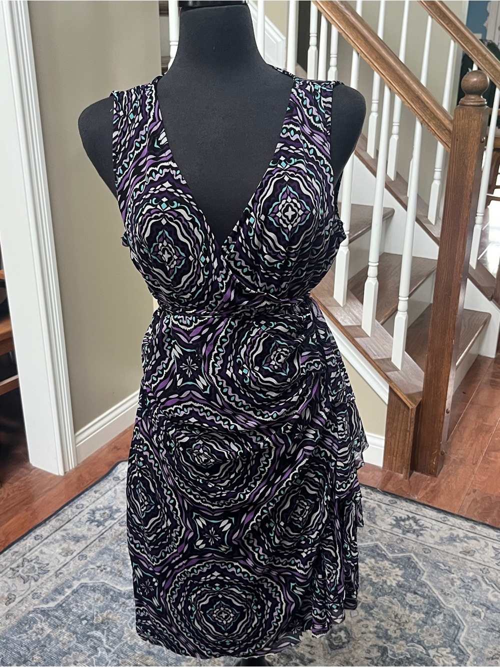New York & Company Black and Purple Sleeveless Wrap Mini Dress